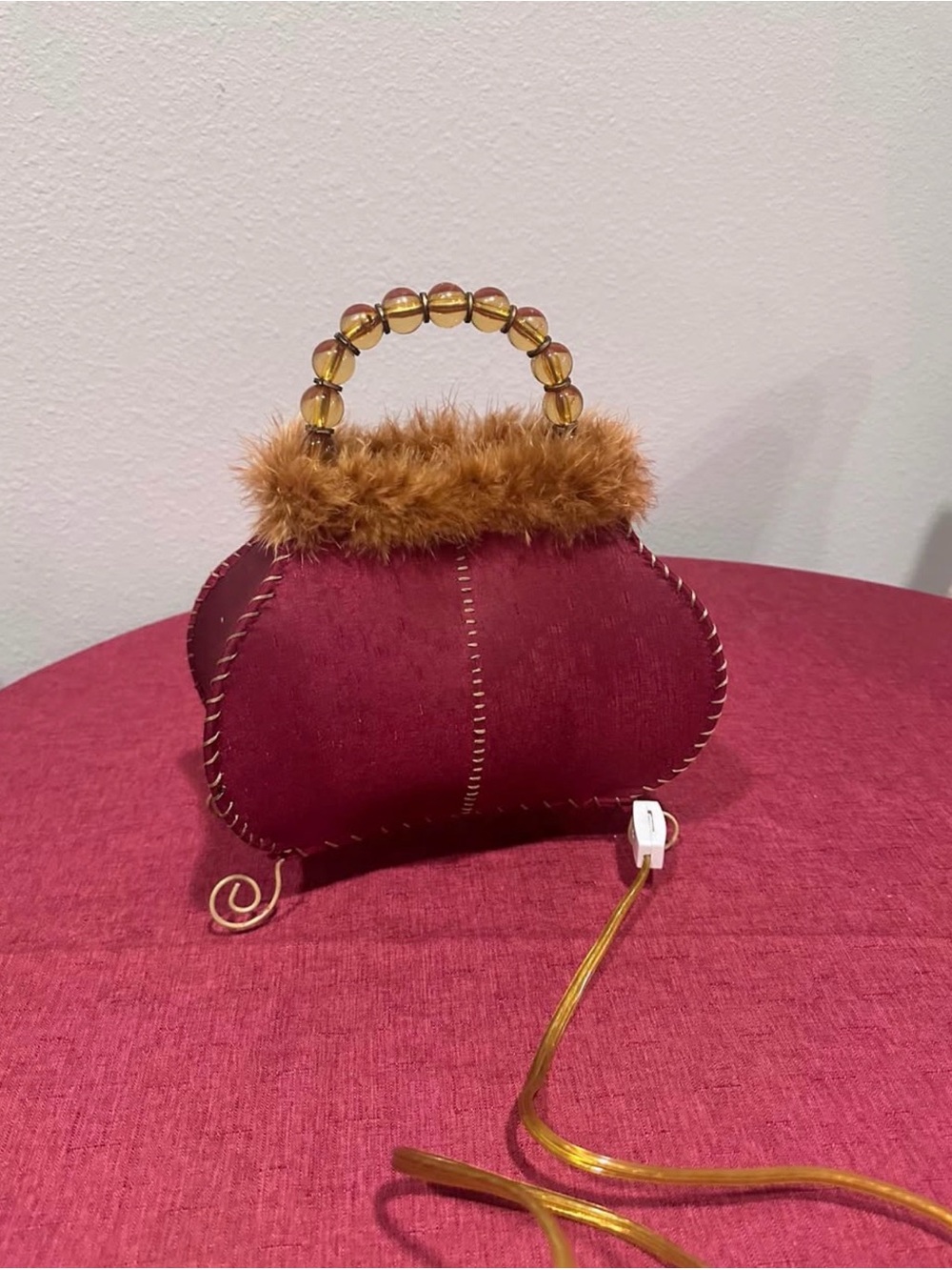 Women's Burgundy Faux Fur Top Handle Bag lamp 00’s Unbranded
